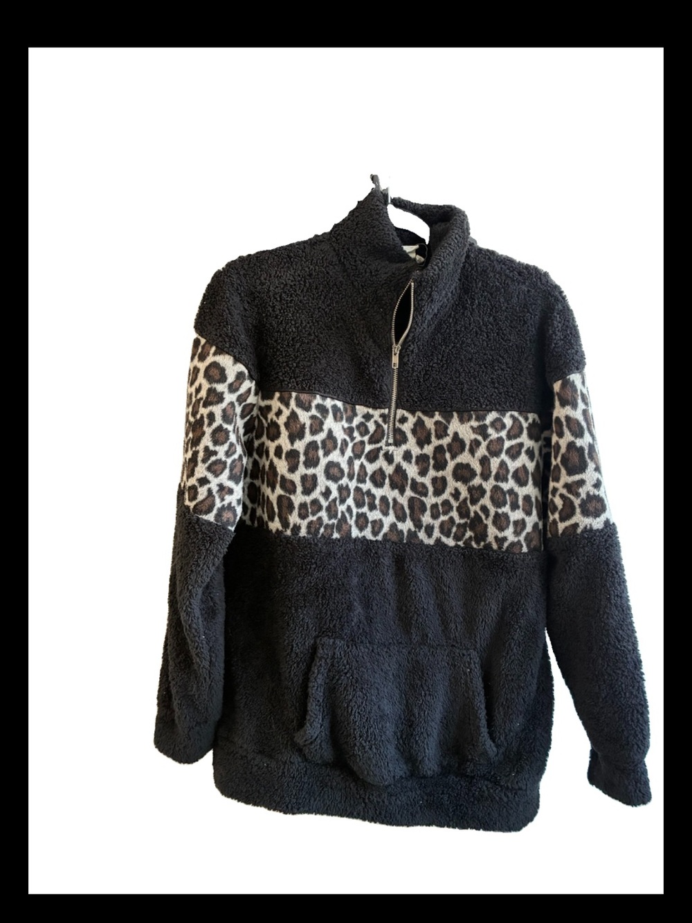 Black Sherpa Half-Zip Pullover with Leopard Stripe
